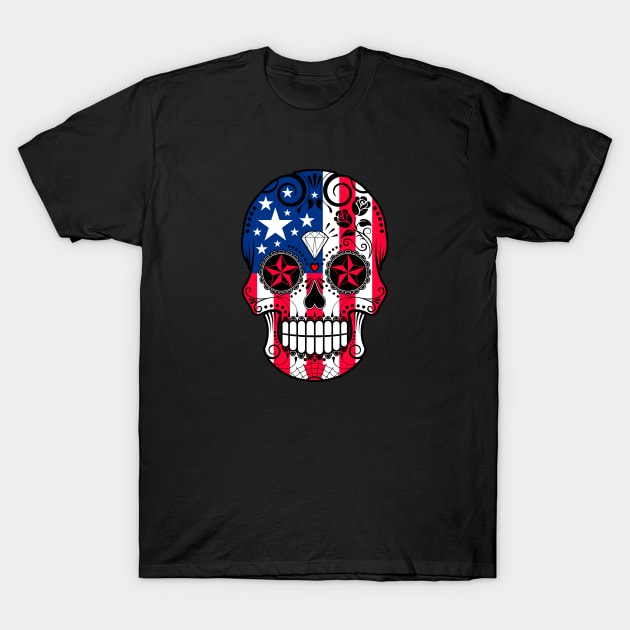 American Flag Sugar Skull with Roses T-Shirt by jeffbartels